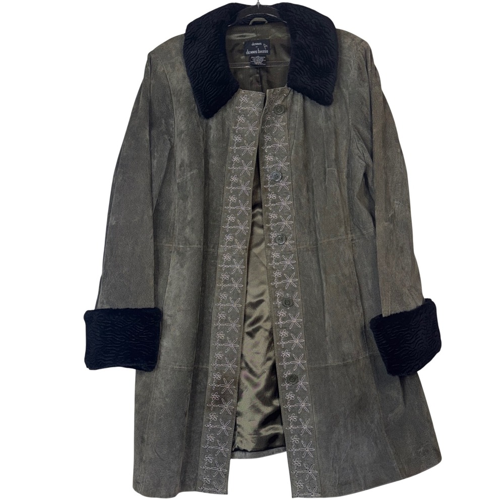 Dennis Basso Olive Green Suede Leather Coat Faux Fur Trim Embroidered XL